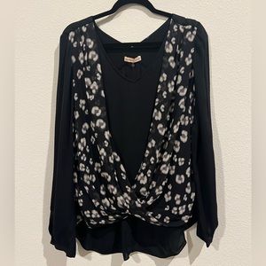Rebecca Taylor 100% silk blouse with patterned overlap fabric with faux wrap